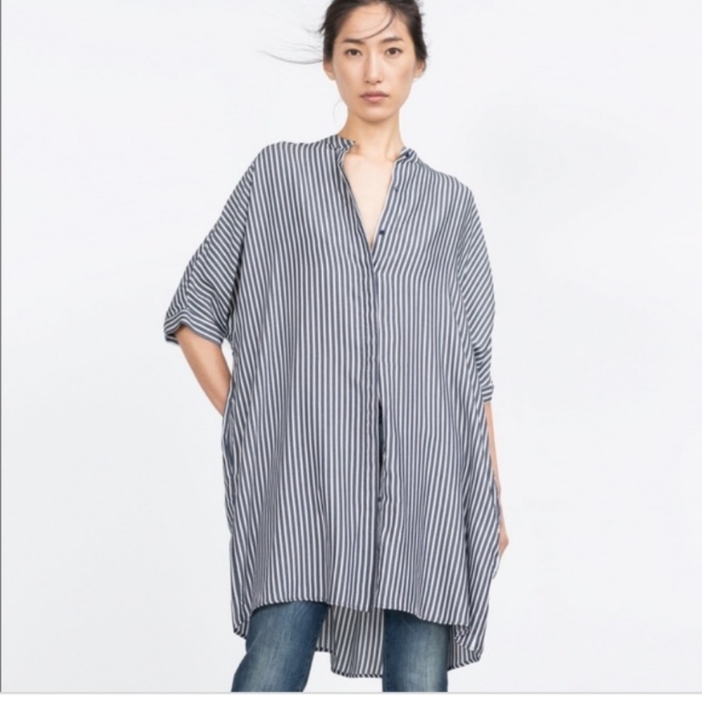 Zara Basic Blue White Striped Oversize Tunic Shirt - image 1